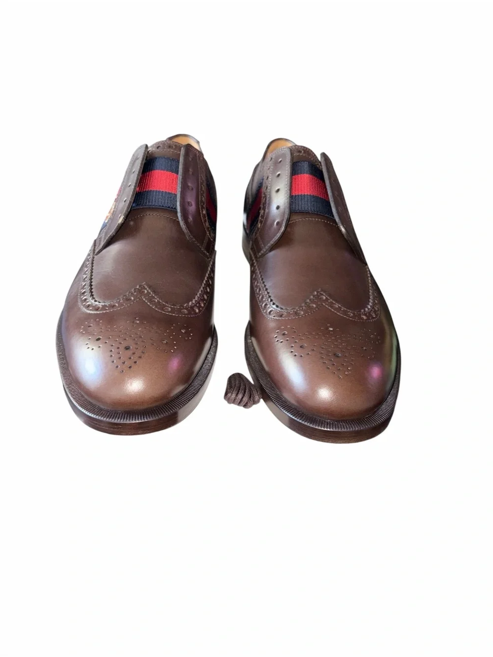 Gucci Dark Brown Leather Wingtip Slip-On Loafers with Red & Blue Web size 11